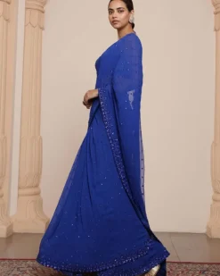 Solid Electric Blue Heavy Tiered Ruffle Sari Set