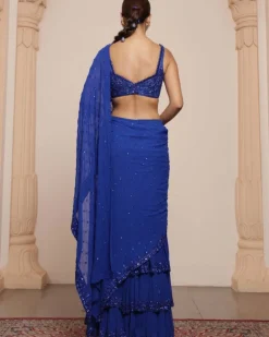 Solid Electric Blue Heavy Tiered Ruffle Sari Set