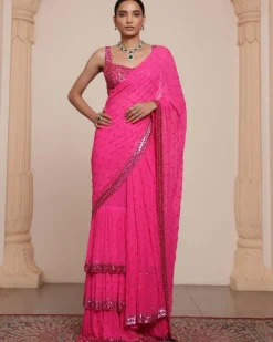 Solid Hot Pink Heavy Tiered Ruffle Sari Set