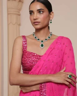Solid Hot Pink Heavy Tiered Ruffle Sari Set