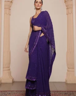 Solid Purple Heavy Tiered Ruffle Sari Set