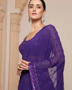 Solid Purple Heavy Tiered Ruffle Sari Set