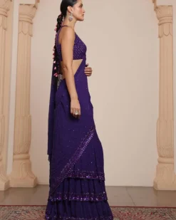 Solid Purple Heavy Tiered Ruffle Sari Set