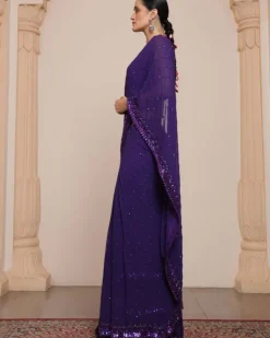 Solid Purple Heavy Tiered Ruffle Sari Set