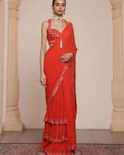 Solid Sindoori Heavy Tiered Ruffle Sari Set