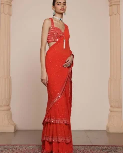 Solid Sindoori Heavy Tiered Ruffle Sari Set