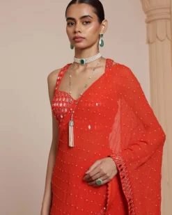Solid Sindoori Heavy Tiered Ruffle Sari Set