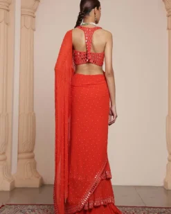Solid Sindoori Heavy Tiered Ruffle Sari Set