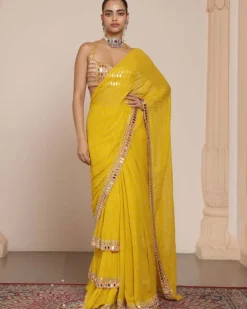Solid Yellow Heavy Tiered Ruffle Sari Set