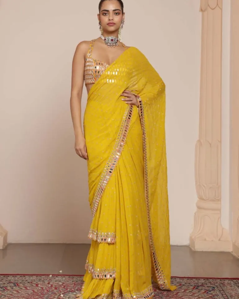 Solid Yellow Heavy Tiered Ruffle Sari Set