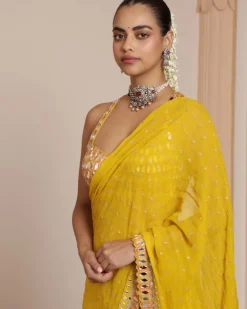 Solid Yellow Heavy Tiered Ruffle Sari Set