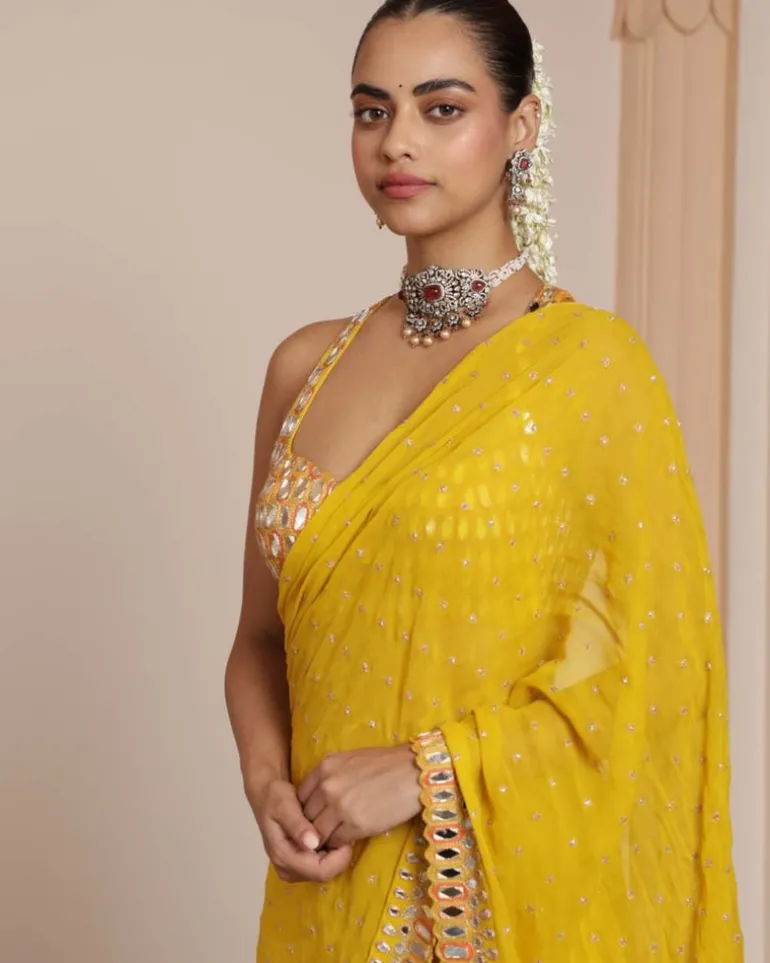 Solid Yellow Heavy Tiered Ruffle Sari Set