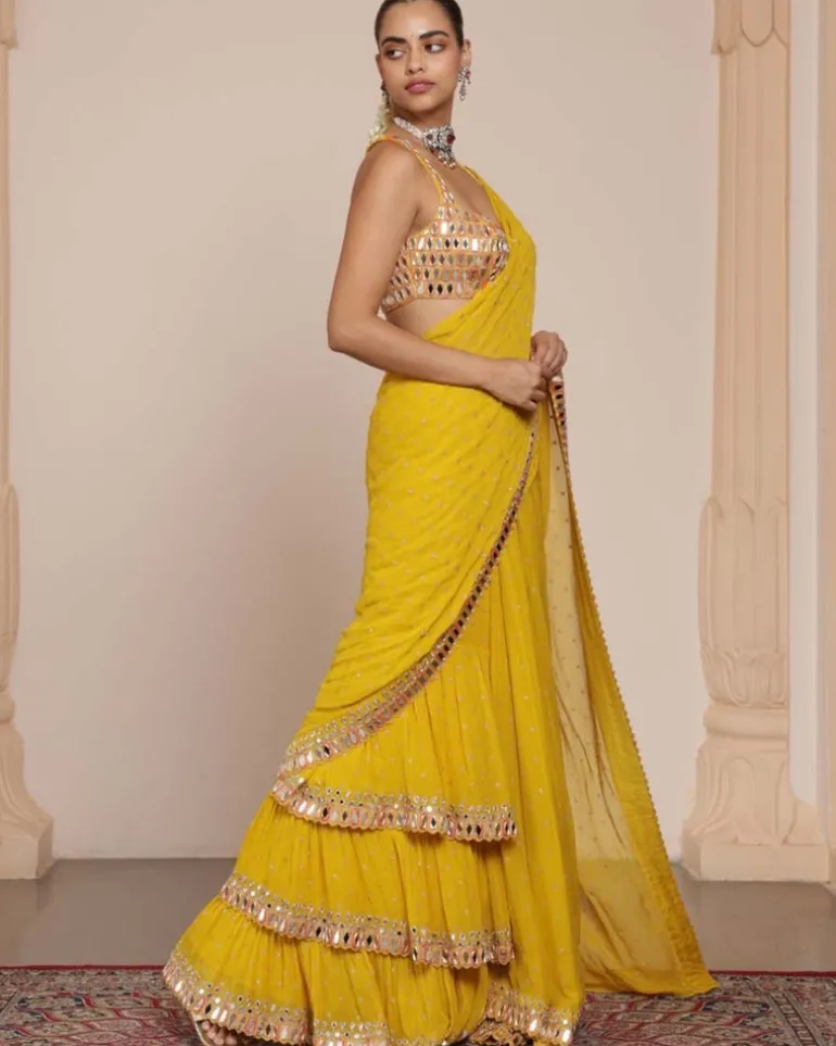 Solid Yellow Heavy Tiered Ruffle Sari Set