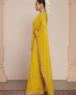 Solid Yellow Heavy Tiered Ruffle Sari Set