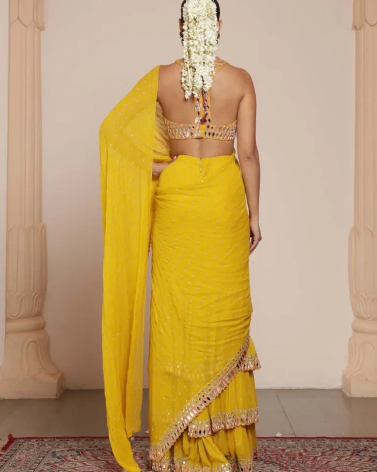 Solid Yellow Heavy Tiered Ruffle Sari Set