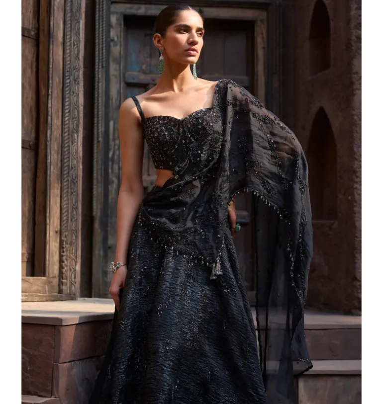 Starlit Charcoal Drape Lehenga Set