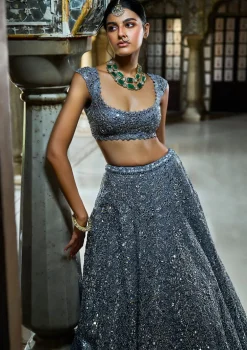 Steel Grey Mirror Work Lehenga Set