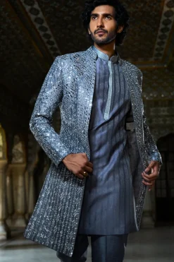Steel Grey Mirror Work Open Jacket Set