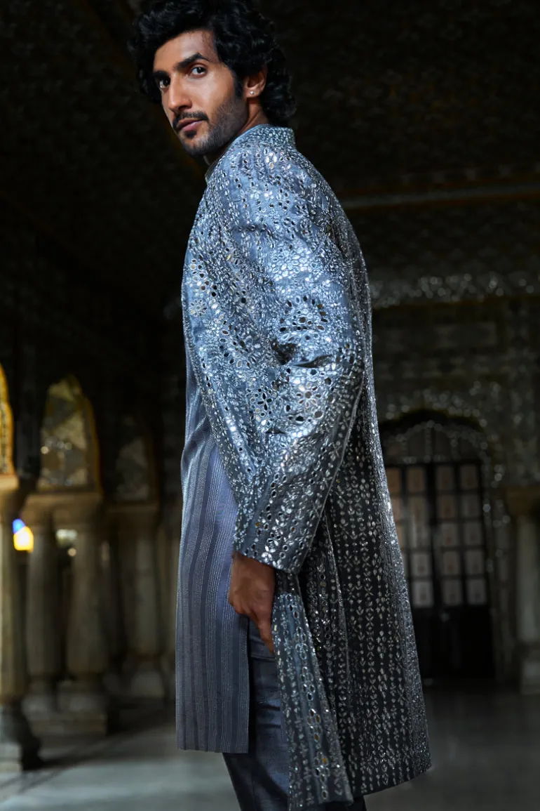 Steel Grey Mirror Work Open Jacket Set