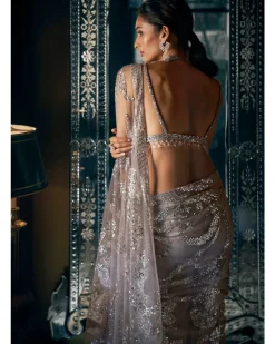 Steel Grey Sequin Sari Set