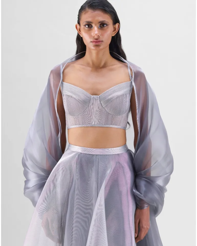 Steel Liquid Mesh Lehenga Set