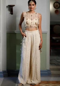 Stone Embroidered Bib With Ruffle And Side Tie-Up Bustier With Pant Set