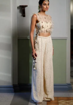 Stone Embroidered Bib With Ruffle And Side Tie-Up Bustier With Pant Set