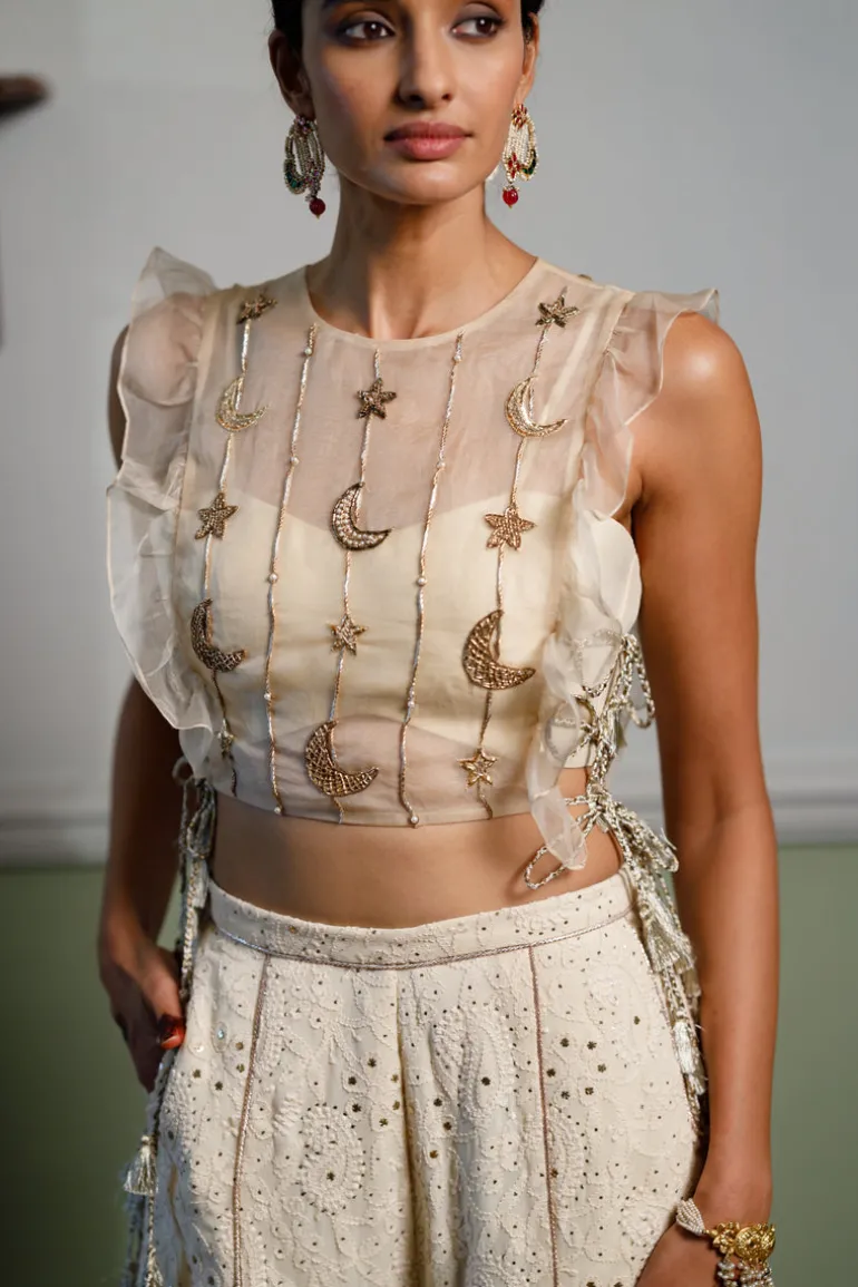 Stone Embroidered Bib With Ruffle And Side Tie-Up Bustier With Pant Set