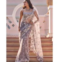 Stone Grey Multi-Coloured Floral Sari