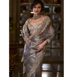 Stone Grey Tissue Organza Sari