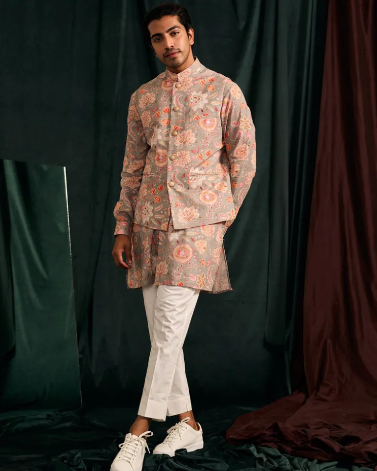 Stone Versailles Cotton Linen Kurta With Cream Pajama Set