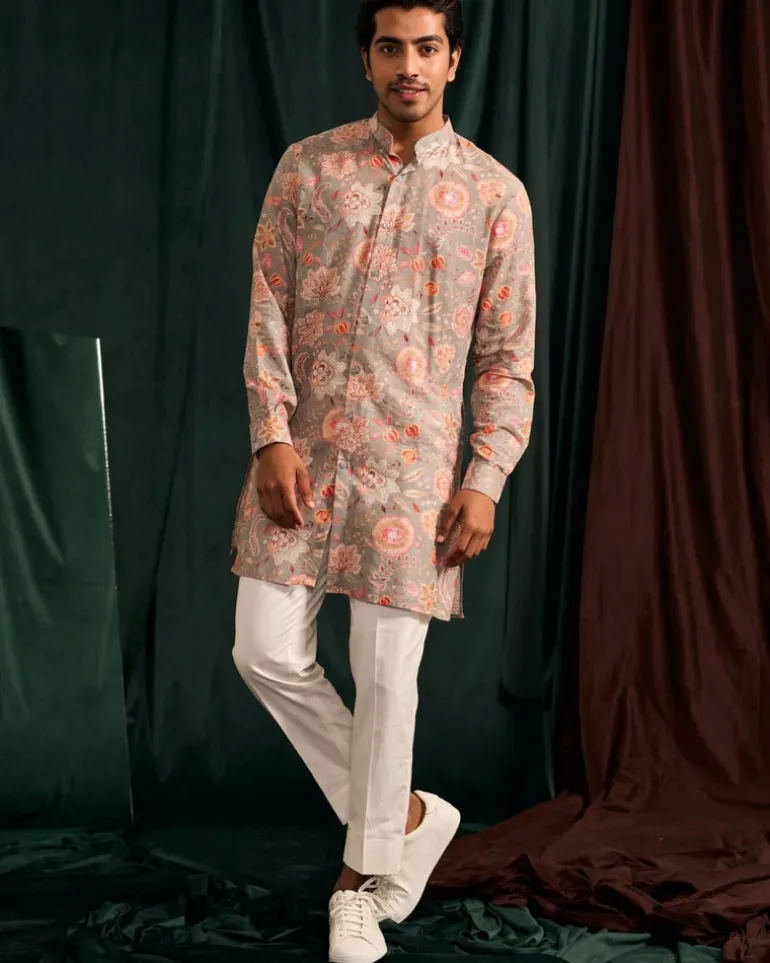 Stone Versailles Cotton Linen Kurta With Cream Pajama Set