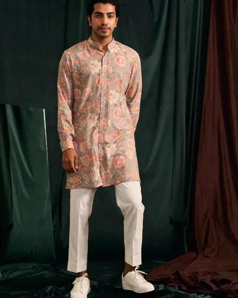 Stone Versailles Cotton Linen Kurta With Cream Pajama Set