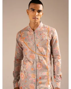 Stone Versailles Cotton Linen Zipper Kurta Pyjama Set