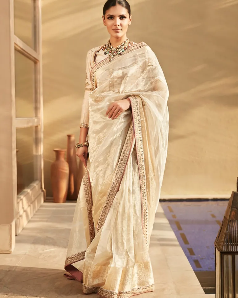 Suchcha Ekru Old Banaras Wrinkled Tissue Sari