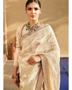 Suchcha Ekru Old Banaras Wrinkled Tissue Sari