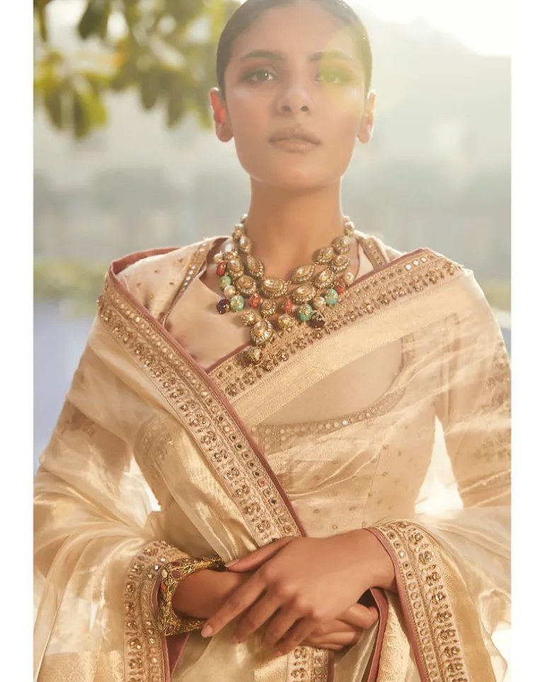 Suchcha Ekru Old Banaras Wrinkled Tissue Sari