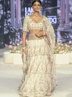 Sultana Cream Embroidered Choli With Cream Printed Lehenga And Embroidered Dupatta Set