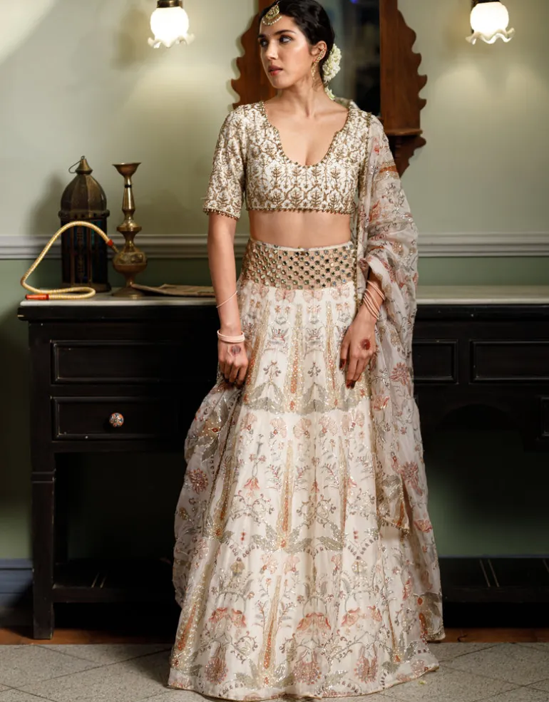 Sultana Cream Embroidered Choli With Cream Printed Lehenga And Embroidered Dupatta Set