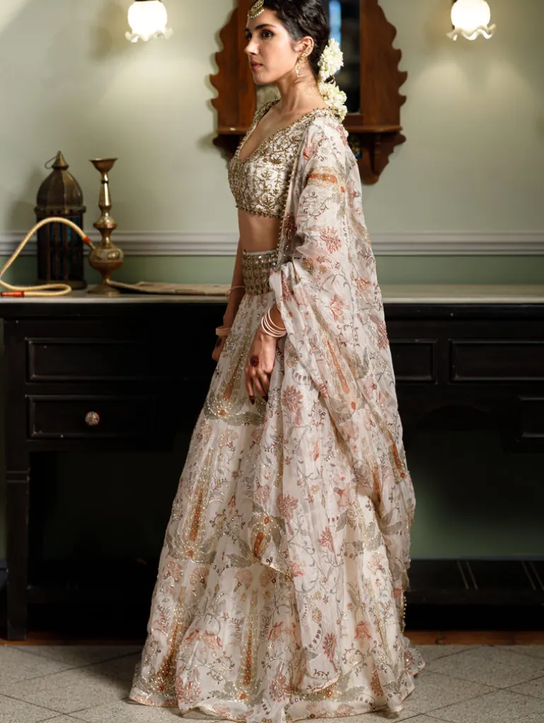 Sultana Cream Embroidered Choli With Cream Printed Lehenga And Embroidered Dupatta Set