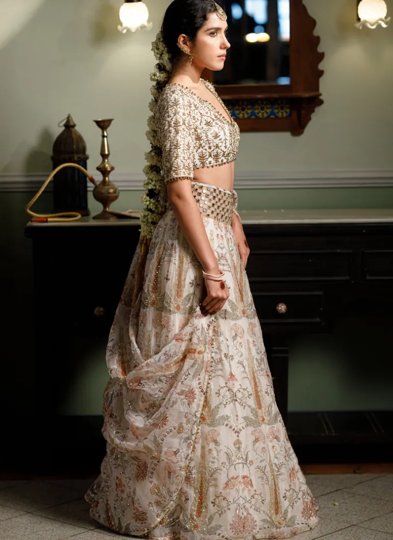 Sultana Cream Embroidered Choli With Cream Printed Lehenga And Embroidered Dupatta Set