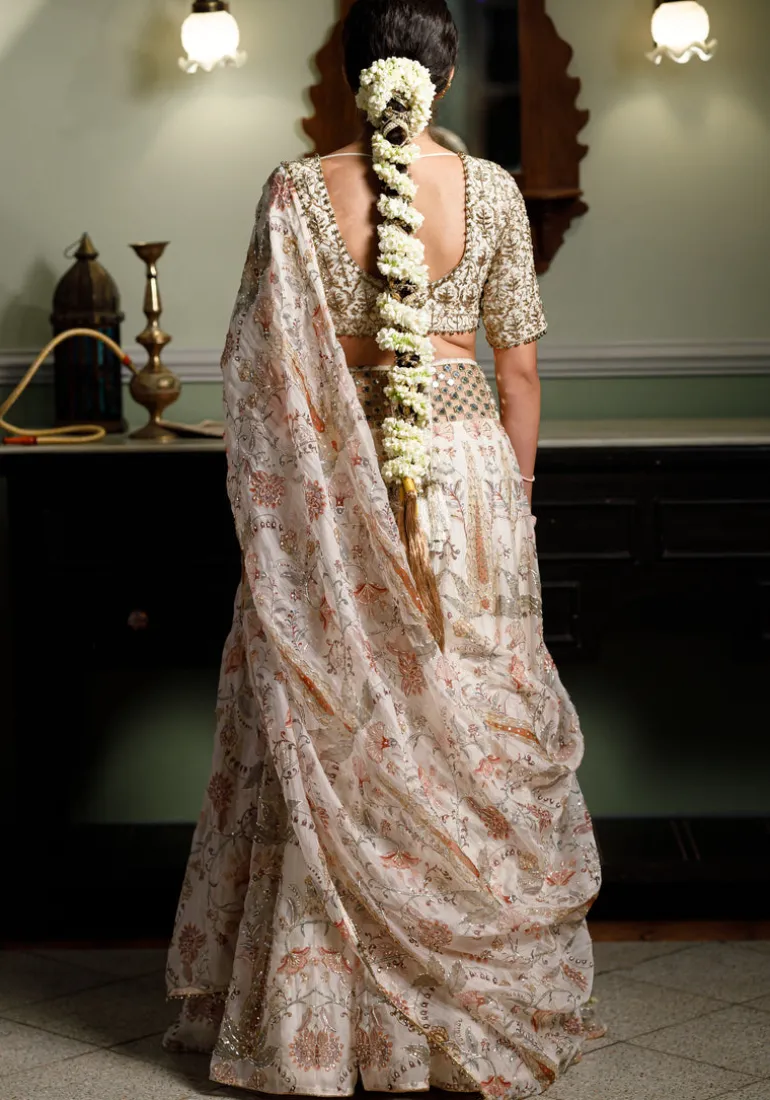 Sultana Cream Embroidered Choli With Cream Printed Lehenga And Embroidered Dupatta Set