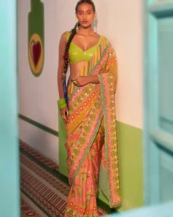 Sunset Orange Ombre Embroidered Sari Set