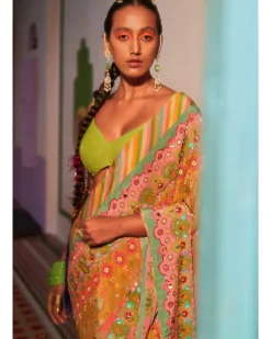 Sunset Orange Ombre Embroidered Sari Set