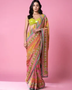 Sunset Orange Ombre Embroidered Sari Set