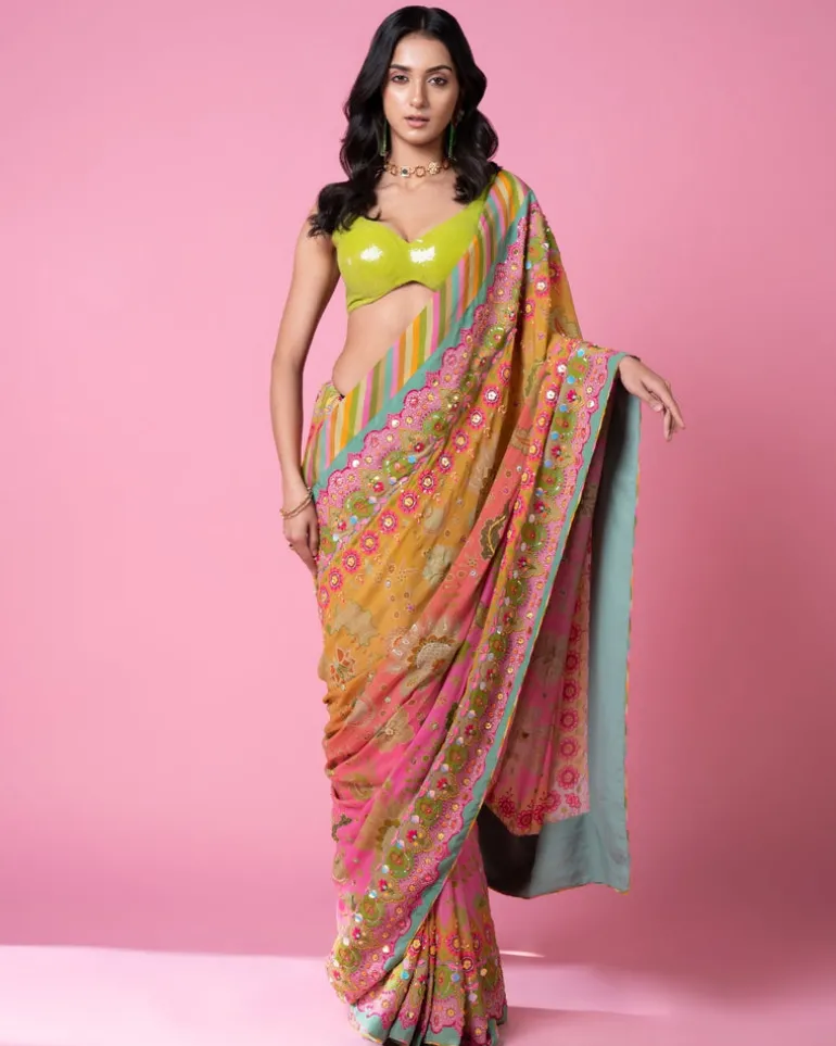 Sunset Orange Ombre Embroidered Sari Set