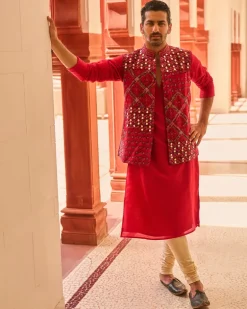 Surkh Laal Kurta Paired With Embroidered Bandi Jacket Paired With Churidar