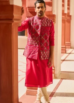 Surkh Laal Kurta Paired With Embroidered Bandi Jacket Paired With Churidar