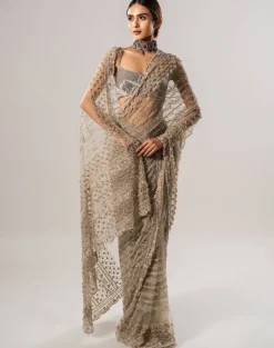 Tan Tulle Sari With 3D Petal Aanchal And Beaded Blouse