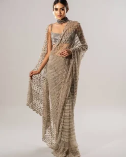 Tan Tulle Sari With 3D Petal Aanchal And Beaded Blouse